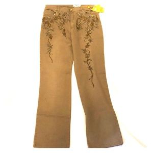 Tan jeans with beaded detail